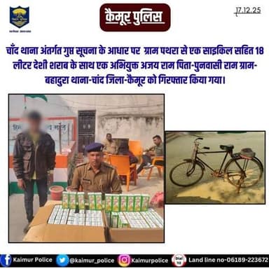 चाँद थाना अंतर्गत गुप्त सूचना के आधार पर ग्राम पथरा से एक साइकिल सहित 18 लीटर देशी शराब के साथ एक अभियुक्त अजय राम पिता-पुनवासी राम ग्राम-बहादुरा थाना-चांद जिला-कैमूर को गिरफ्तार किया गया।
Bihar Police
