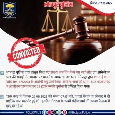 भोजपुर पुलिस द्वारा प्रस्तुत किए गए साक्ष्य,समर्पित किए गए चार्जशीट एवं अभियोजन पक्ष की गवाही के आधार पर माननीय न्यायलय,ADJ–8 भोजपुर द्वारा धनगाई थाना कांड स०–67/23 के आरोपी मनु शर्मा को आजीवन कारावास एवं 25 हजार रु0 जुर्माना से दण्डित किया