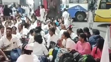 வண்டலூர்: கிளாம்பாக்கம் பேருந்து நிலையத்தில் செவிலியர்கள் போராட்டத்தில் ஈடுபட்டனர்