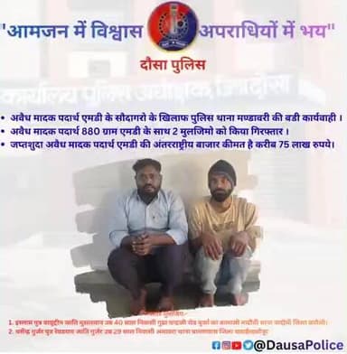 अवैध मादक पदार्थ तस्करों पर #मण्डावरी_पुलिस की बड़ी कार्रवाई 🚔
जिला पुलिस अधीक्षक दौसा #श्री_सागर_राणा (IPS) के निर्देशन में
पुलिस थाना मण्डावरी द्वारा
880 ग्राम अवैध मादक पदार्थ एमडी के साथ
मुल्जिम इस्लाम व धर्मेंद्र को गिरफ्तार किया गया।