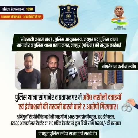ऑपरेशन क्लीन स्वीप के तहत सीएसटी(क्राइम ब्रांच) , पुलिस आयुक्तालय, जयपुर एवं पुलिस थाना सांगानेर व पुलिस थाना प्रताप नगर, जयपुर (पश्चिम) की संयुक्त कार्रवाई