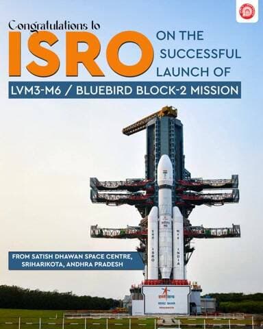 Indian Railways congratulates our scientists at #ISRO on the successful launch of LVM3-M6/Bluebird Block-2 Mission.The satellite is designed to provide space-based cellular broadband connectivity directly to standard mobile smartphones.