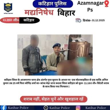 कटिहार जिला के आजमनगर थाना क्षेत्र अंतर्गत कुल- 11.160 विदेशी शराब के साथ एक तस्कर को किया गया गिरफ्तार।