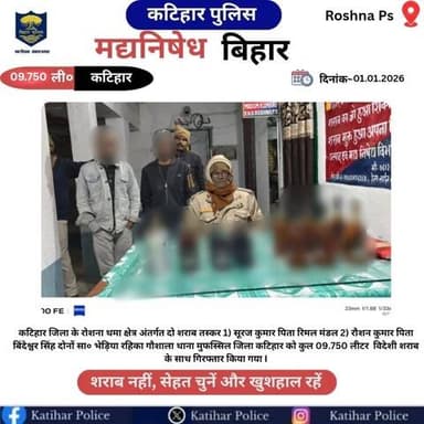 कटिहार जिला के रोशना थाना क्षेत्र अंतर्गत कुल-09.750 लीटर विदेशी शराब के साथ दो तस्कर गिरफ्तार I