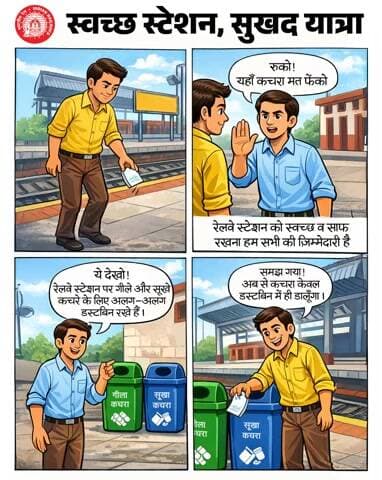 छोटी आदत, बड़ा बदलाव!🚮
रेलवे स्टेशन और ट्रेन को स्वच्छ बनाए रखने में सहयोग करें,कचरा केवल डस्टबिन में ही डालें।
#ResponsibleRailYatri
@railminindia