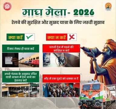 माघ मेला -2026 के लिए प्रयागराज जा रहे सभी यात्रियों से अनुरोध है कि कृपया रेलवे नियमों का पालन कर अपनी यात्रा को सुरक्षित, सुखद और सुगम बनाएं।🚆✨
#MelaRailSewa2026 #MaghMela2026 #IndianRailways