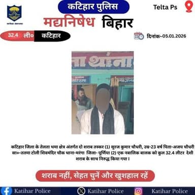 कटिहार जिला के तेलता थाना क्षेत्र अंतर्गत कुल-32.4 लीटर देशी शराब के साथ एक तस्कर एवं एक नबलिक बालक को निरुद्ध किया गया |