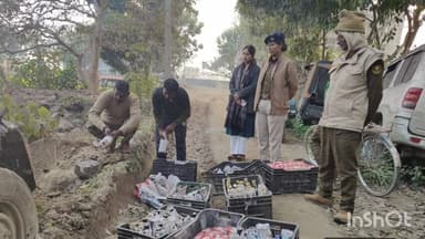 प्राणपुर: जिला पदाधिकारी के निर्देश पर रोशना थाना प्रांगण में 139.635 लीटर विदेशी शराब नष्ट की गई