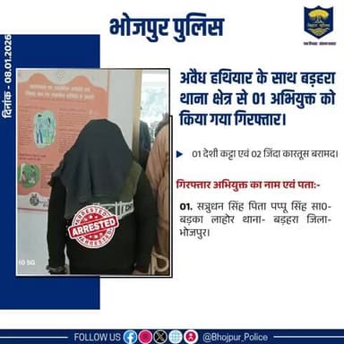 भोजपुर पुलिस की बड़ी कार्रवाई: अवैध हथियार के साथ बड़हरा थाना क्षेत्र से 01 अभियुक्त को किया गया गिरफ्तार।
01 देशी कट्टा एवं 02 जिंदा कारतूस बरामद।
"भोजपुर पुलिस सदैव आपकी सेवा में तत्पर"
#HainTaiyaarHum #BiharPolice #Bihar