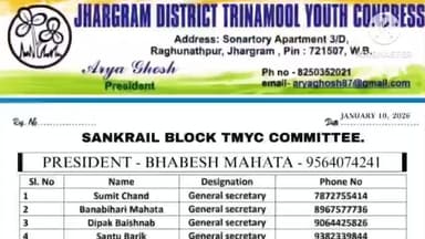 সাঁকরাইল: ভোটের ময়দানে ঝাঁপানোর প্রস্তুতি, সাঁকরাইল ব্লক যুব তৃণমূল কংগ্রেসের নতুন কমিটি প্রকাশ
