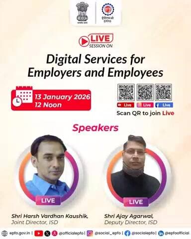Have questions on Digital Services for Employers and Employees?
Tune in to EPFO’s Live Session.
🗓️ 13 January 2026 | ⏰ 12 PM
#EPFO #EPFOWithYou #HumHainNa #EPFOLive