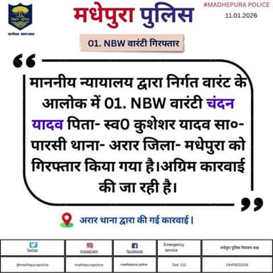 माननीय न्यायालय द्वारा निर्गत वारंट के आलोक में 01.NBW वारंटी को मधेपुरा पुलिस द्वारा किया गया गिरफ्तार |
@bihar_police