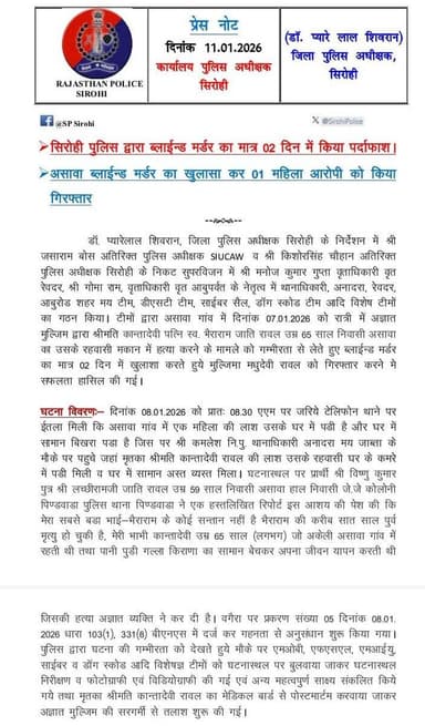 सिरोही पुलिस द्वारा असावा ब्लाईन्ड मर्डर का 02 दिन मे किया खुलासाए
एक महिला आरोपी को किया गिरफतार@igp_jodhpur
@policeraj...