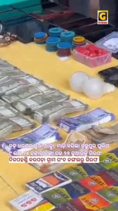 ଚାଲିଥିଲା ଏକ ବଡ଼ ଧରଣର ଜୁଆ ଆଡ୍ଡା, ମାଡ଼ି ବସିଲା ବ୍ରହ୍ମପୁର ପୁଲିସ। ୯ ଲକ୍ଷ ୨୪ ହଜାର ଟଙ୍କା ସହ ୨୬ ଜୁଆଡ଼ିକୁ ଗିରଫ କଲା ପୁଲିସ। ଦିଗପହଣ୍ଡି ...