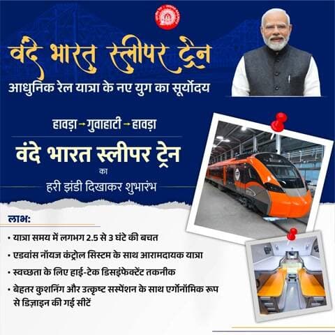 देश की पहली #VandeBharatSleeper ट्रेन (हावड़ा–गुवाहाटी–हावड़ा) से मिलेगा प्रीमियम यात्रा का नया अनुभव प्रदान। इस हाईटेक ट्रेन से लंबी दूरी की रेल यात्रा और अधिक आरामदायक व सुविधाजनक होगी।
#PurvodayaByRail
#AmritBharatExpress