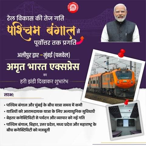 अलीपुर द्वार –मुंबई (पनवेल) #AmritBharatExpress आरामदायक व तेज यात्रा के साथ शिक्षा, पेशेवर और व्यावसायिक आवागमन को सशक्त बनाएगी । साथ ही क्षेत्र में पर्यटन और व्यापार को भी बढ़ावा देगी।
#VandeBharatSleeper
#PurvodayaByRail