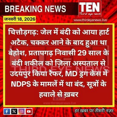 Chittorgarh: सेंटर जेल में बंदी को आया हार्ट अटैक, चक्कर आने के बाद हुआ था बेहोश
#chittorgarhnews #newsupdate #localnews...