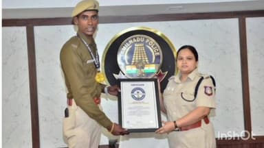 தேனி: கின்னஸ் சாதனை படைத்த காவலருக்கு தேனி எஸ் பி அலுவலகத்தில் எஸ் பி நேரில் பாராட்டு தெரிவித்தார்