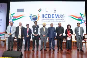 CEC Shri Gyanesh Kumar, ECs Dr. Sukhbir Singh Sandhu and Dr. Vivek Joshi launched ECINET, a unified digital platform integrating 40+ apps & webservices, at #IICDEM2026 at Bharat Mandapam, New Delhi