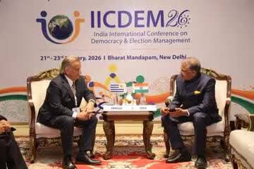 CEC Shri Gyanesh Kumar held a bilateral meeting with dignitary from Uruguay, reaffirming shared commitment to transparent and sustainable electoral systems for resilient democracies, during #IICDEM2026 at New Delhi