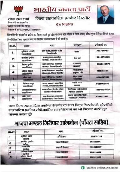 जिला सिरमौर के सहकारिता प्रकोष्ठ के संयोजक तोता राम शर्मा ने प्रदेश संयोजक नरेश चौहान और बीजेपी जिला अध्यक्ष धीरज गुप्ता...