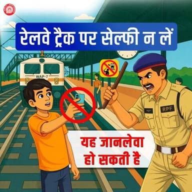 सावधानी हटी दुर्घटना घटी।
रेलवे ट्रैक पर सेल्फी न लें, यह लापरवाही जानलेवा बन सकती है।
#ResponsibleRailYatri