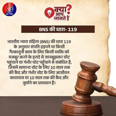क्या आप जानते हैं?
BNS की धारा- 119
BNS की धारा 119 के अनुसार संपत्ति हड़पने या किसी गैरकानूनी काम के लिए किसी व्यक्ति को मजबूर करने के इरादे से जानबूझकर चोट पहुंचाने या गंभीर चोट पहुँचाने से संबंधित है।