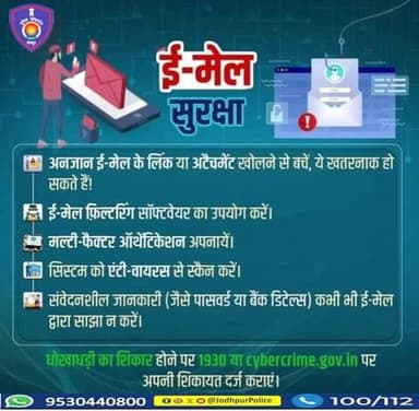 अनजान ई-मेल के लिंक/ अटैचमेंट न खोलें।
सावधान रहें, सुरक्षित रहें !
साइबर धोखाधड़ी का शिकार होने पर 1930 पर कॉल करें।