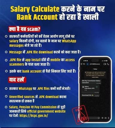 सरकारी कर्मचारियों को WhatsApp पर message भेजकर कहा जा रहा है कि 8वें वेतन आयोग लागू होने पर उनकी salary कितनी होगी, यह जानने के लिए एक APK file download करें
जैसे ही APK install की जाती है, mobile ka access fraudsters ke paas chala jaata