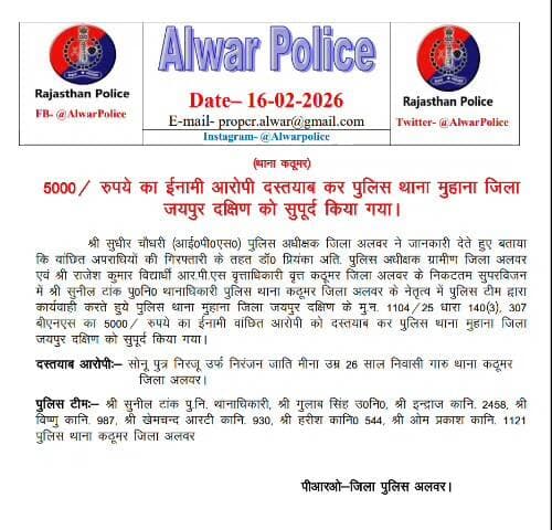 (थाना कठूमर)
5000 / रुपये का ईनामी आरोपी दस्तयाब कर पुलिस थाना मुहाना जिला जयपुर दक्षिण को सुपूर्द किया गया।