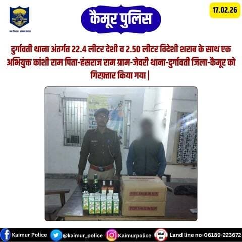 दुर्गावती थाना अंतर्गत 22.4 लीटर देशी व 2.50 लीटर विदेशी शराब के साथ एक अभियुक्त कांशी राम पिता-हंसराज राम ग्राम-जेवरी थाना-दुर्गावती जिला-कैमूर को गिरफ़्तार किया गया |
Bihar Police