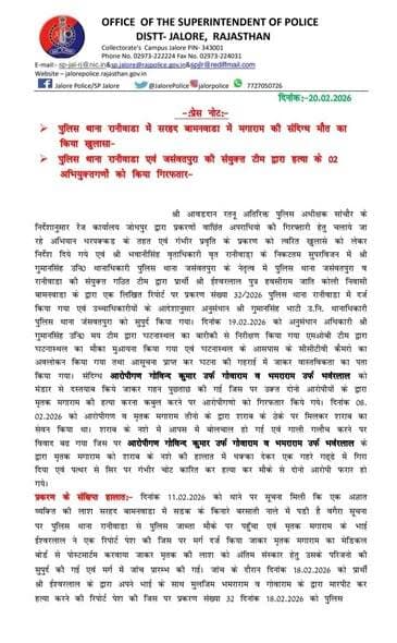पुलिस थाना रानीवाडा में सरहद बामनवाडा में मगाराम की संदिग्ध मौत का किया खुलासा। पुलिस थाना रानीवाडा एवं जसंवतपुरा की संय...