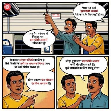 इमरजेंसी अलार्म का सही उपयोग करें । इसे बिना कारण खींचना दंडनीय अपराध है।
#ResponsibleRailYatri