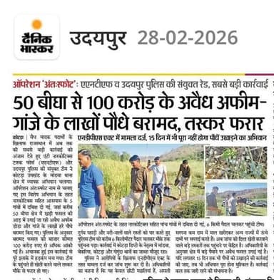 ऑपरेशन ‘अंतःस्फोट’: 50 बीघा क्षेत्र से 100 करोड़ के अवैध अफीम-गांजे के लाखों पौधे बरामद, तस्कर फरार