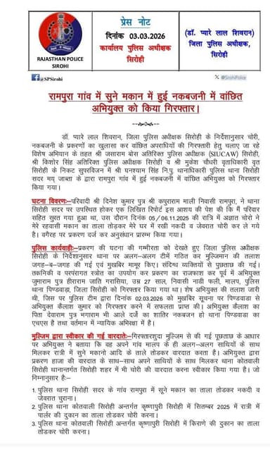 सिरोही पुलिस द्वारा रामपुरा गांव में सूने मकान में हुई नकबजनी की वारदात का पर्दाफाश कर एक अभियुक्त को किया गिरफ्तार
@igp...