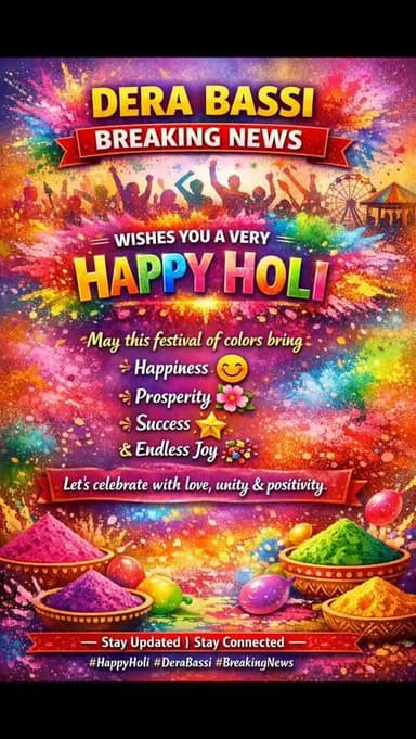 🌈🎉 DERA BASSI BREAKING NEWS 🎉🌈
✨💐 WISHES YOU A VERY HAPPY HOLI 💐✨
May this festival of colors bring
Happiness 😊
Prosperi...