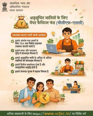 एससी उद्यमियों को व्यवसाय शुरू और बढ़ाने के लिए वित्तीय सहायता—अधिक जानकारी के लिए vcfsc.in पर जाएं। #VCFSC