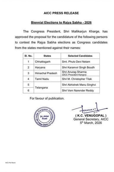 कांगड़ा जिला के कांग्रेस जिला अध्यक्ष अनुराग शर्मा होंगे
राज्यसभा कैंडिडेट:---