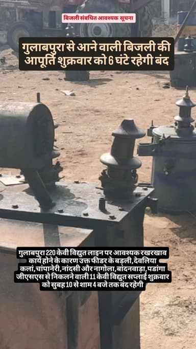 गुलाबपुरा 220 केवी विद्युत लाइन पर आवश्यक रखरखाव कार्य होने के कारण उक्त फीडर के बड़ली,देवलिया कलां,चांपानेरी,नांदसी और न...
