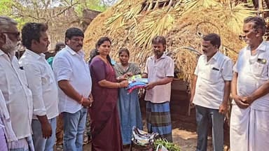 மதுராந்தகம்: இருசமநல்லூர் பகுதியில் தீ விபத்தில் பாதிக்கப்பட்ட குடும்பத்திற்கு எம்எல்ஏ மரகதம் குமரவேல் நிவாரண உதவிகளை வழங்கினார்