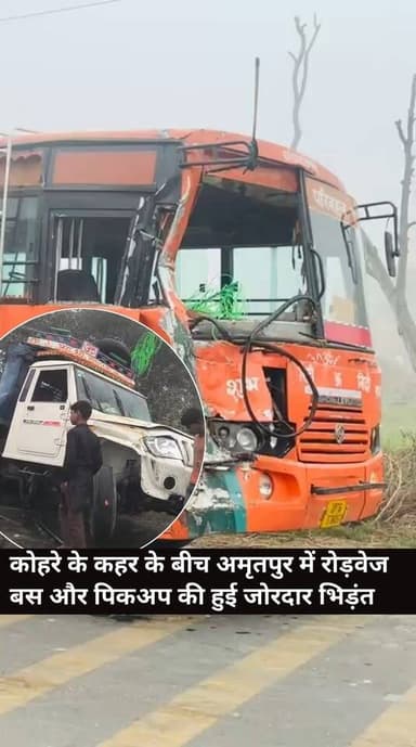 ओवरटेक करने के चक्कर में पिकअप से भिड़ी रोडवेज बस, अगले हिस्से के परखच्चे उड़े, पिकअप में लदी मछलियां सड़क पर फैली, उठान...