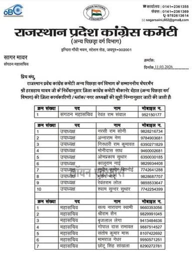बीकानेर देहात कांग्रेस कमेटी ओबीसी विभाग की कार्यकारिणी घोषित, इन्हें मिली जिम्मेदारी, खबर कमेंट बॉक्स में
#bikaner #lio...
