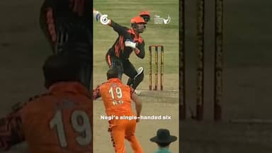 Pawan Negi launches a one-handed six in Legends League Cricket 2026. #LLC #PawanNegi #LLC2026