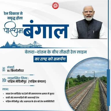 बेलदा–दांतन के बीच तीसरी रेल लाइन से पश्चिम मेदिनीपुर जिले और आसपास के क्षेत्रों की कनेक्टिविटी तेज होगी और इस रेल कॉरिडोर पर अधिक ट्रेनों का संचालन संभव होगा।
#RailInfra4WestBengal