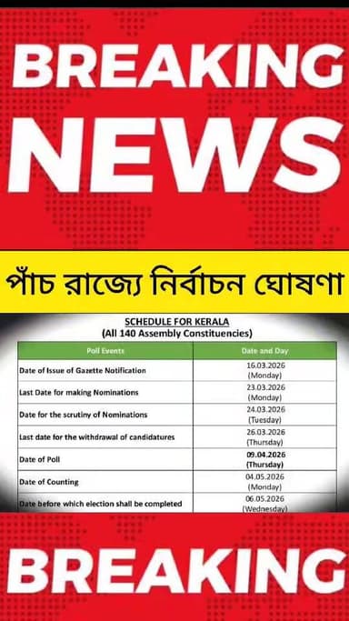 পশ্চিমবঙ্গের নির্বাচন এবার দুই দফায় সম্পন্ন হবে। এছাড়া অসম, কেরালা ও পুদুচেরিতে ভোটগ্রহণ হবে ৯
এপ্রিল এবং তামিলনাড়ুতে...
