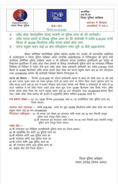 ब्यावर पुलिस की अवैध मादक पदार्थ तस्करों के खिलाफ प्रभावी कार्यवाही तस्कर गिरफ्तार
@PoliceRajasthan
@IgpAjmer https://...