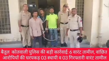 बैतूल कोतवाली पुलिस की बड़ी कार्रवाई: 6 वारंट तामील, वांछित आरोपियों की धरपकड़ 03 स्थायी व 03 गिरफ्तारी वारंट तामील