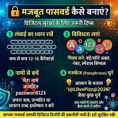 पासवर्ड सुरक्षा 🔐
अपना पासवर्ड '123456' या अपना नाम न रखें। एक मजबूत पासवर्ड में अक्षर, अंक और विशेष चिह्न (@#$) का प्रयोग करें।
#CyberSecurity #PasswordSafety #DigitalIndia #Onl