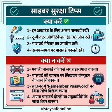 साइबर सुरक्षा टिप्स।
#CyberSecurity #PasswordSafety #DigitalIndia #OnlineSecurity