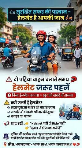 🛵 सुरक्षित सफर की पहचान – हेलमेट है आपकी जान 🛵
🚨 दो पहिया वाहन चलाते समय हेलमेट जरूर पहनें।
❗ बिना हेलमेट चलाना = खुद को खतरे में डालना।